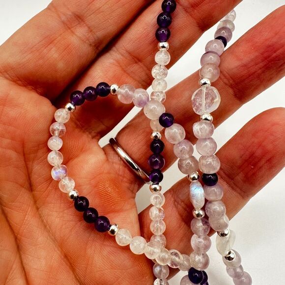 22" Revived moonstone, amethyst beaded and sterling silver necklace! - Picture 5 of 12